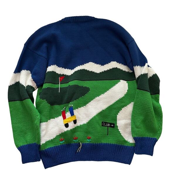 Vintage Rare Cotton Salsa Blue & Green handmade Golf chunky Sweater Size M - Picture 2 of 8